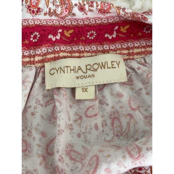 Cynthia Rowley Red Paisley Boho Tunic Blouse Top Flare Sleeve 1X Hippie Bohemian - Picture 11 of 12